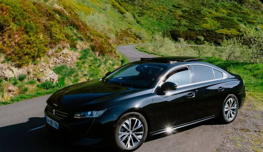 Peugeot 508 garée sur une route rurale